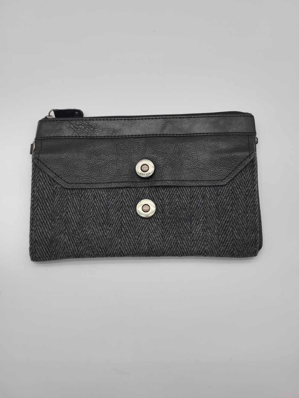 Fossil Black Leather And Grey Tweed Classic Wristlet Clutch